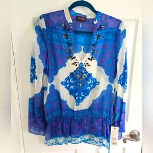 Hale Bob 100% Silk Blue and White Rhinestone Tunic sz S, NWT